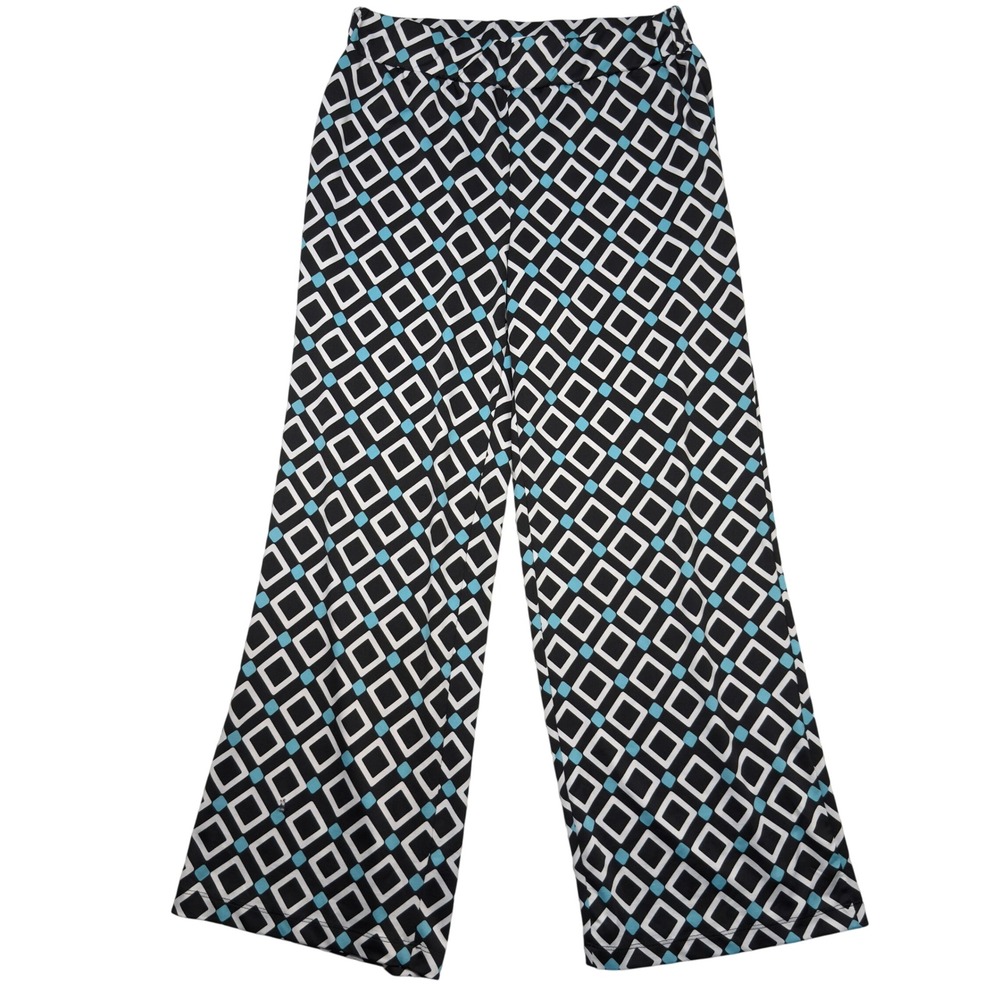 Kim Rogers Wide Leg Pants Size PL Geometric Print Black White Blue